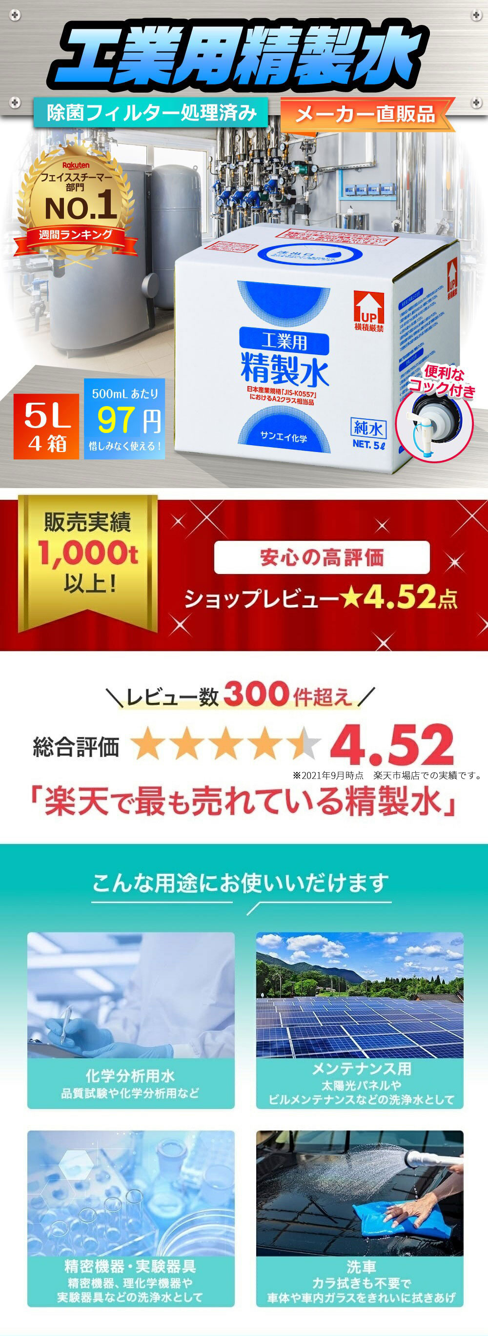 サンエイ化学 精製水 工業用 精製水 5L×4箱セット コック付き