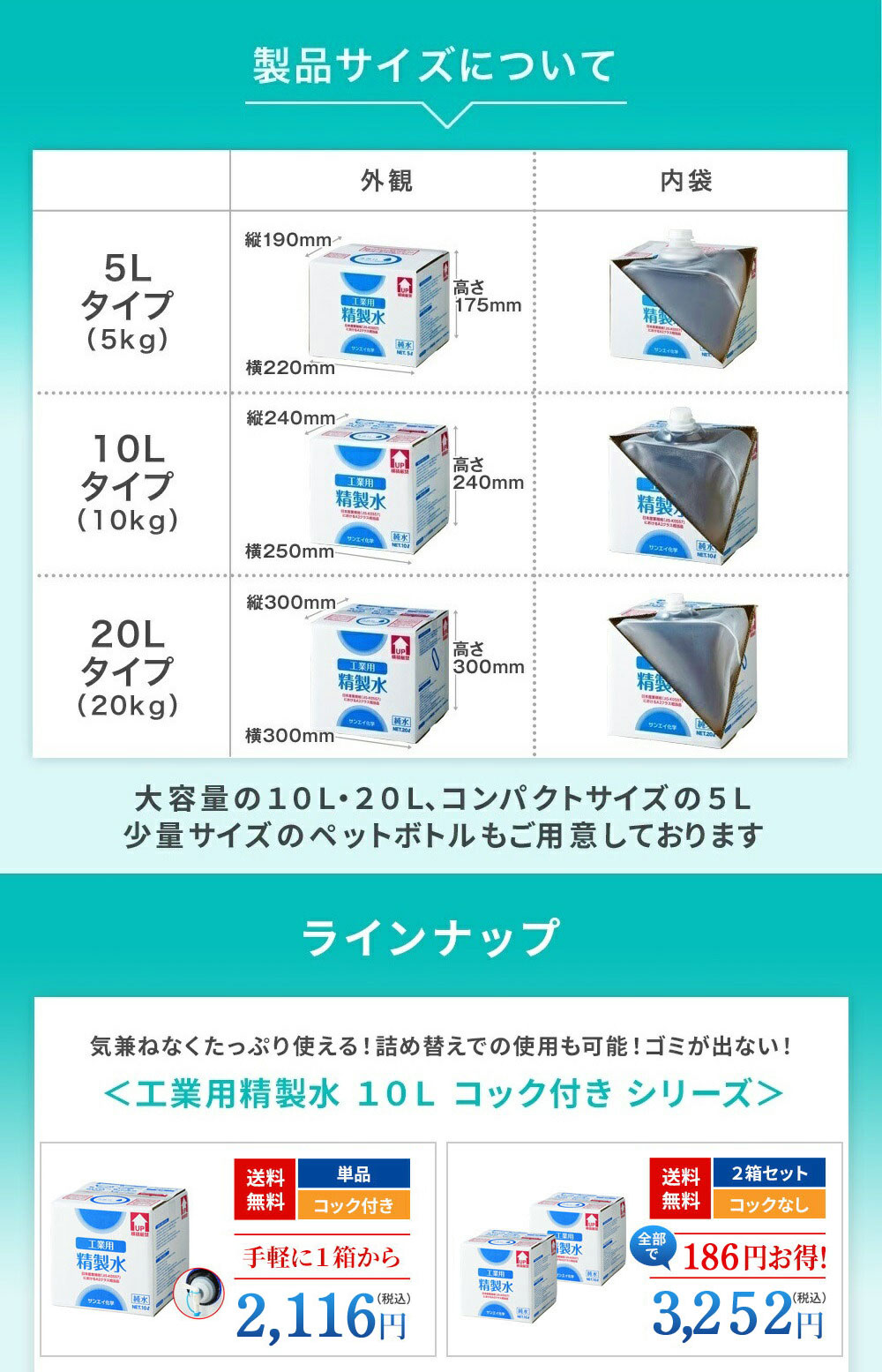 サンエイ化学 精製水 工業用 精製水 10L×1箱 コック付き 業務用 大容量