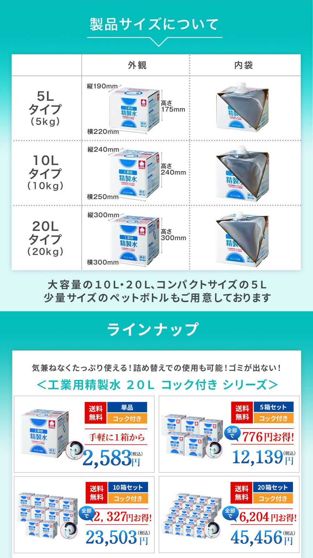 サンエイ化学 精製水 工業用 精製水 20L×20箱セット コック付き 業務用 大容量 | 【送料無料】 アロマ スチーマー用 歯科 クーラント液  LLC アルコール 消毒液 無水 エタノール 除菌スプレー 除菌水 希釈水 液晶 洗浄 純水 蒸留水 イオン交換水 超純水 せいせいすい 日本 ...