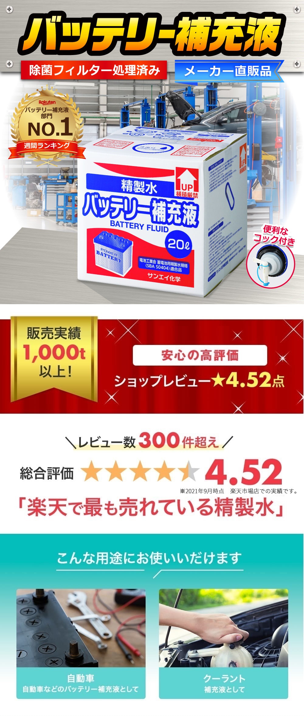 サンエイ化学 精製水 バッテリー補充液 20L×5箱セット コック付き 業務