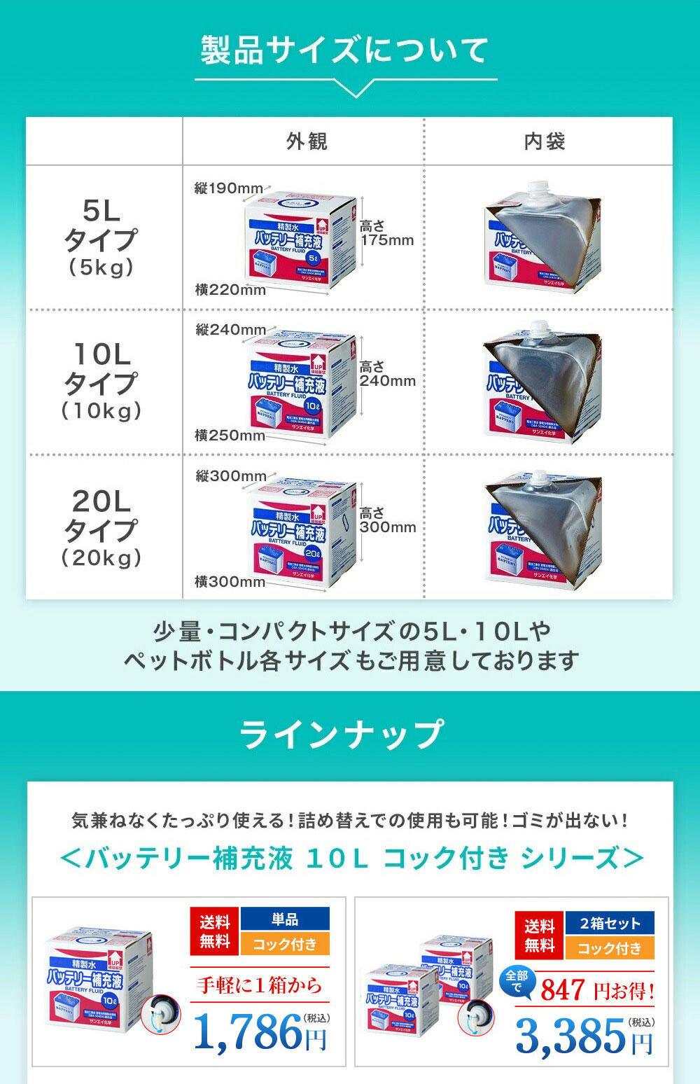 サンエイ化学 精製水 バッテリー補充液 10L×1箱 コック付き 業務用 大