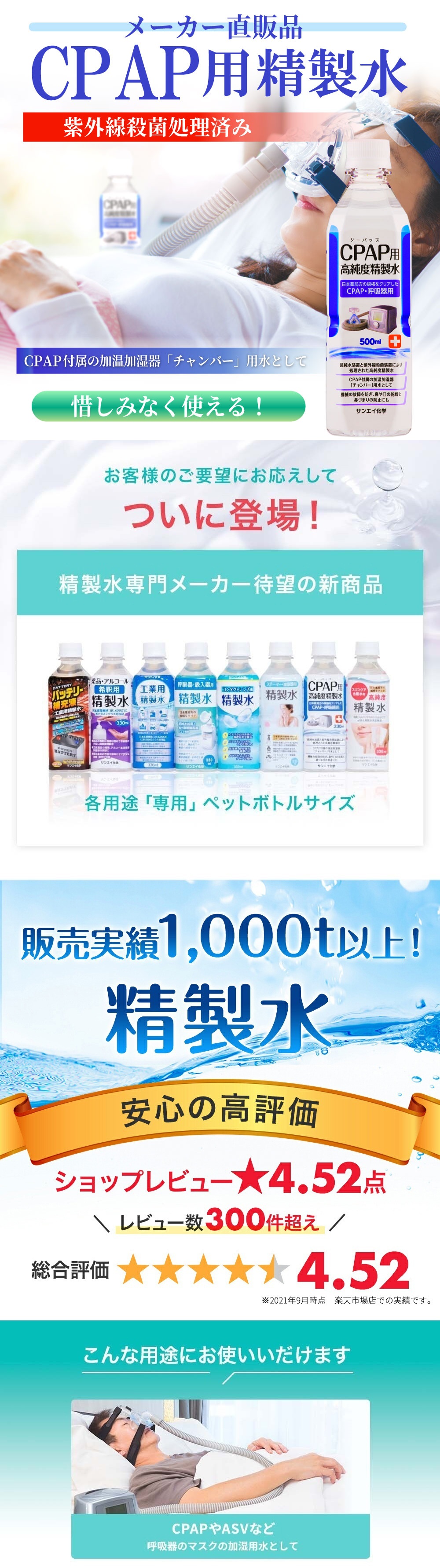 サンエイ化学 精製水 CPAP用 精製水 500mL×6本 | 【送料無料】 CPAP