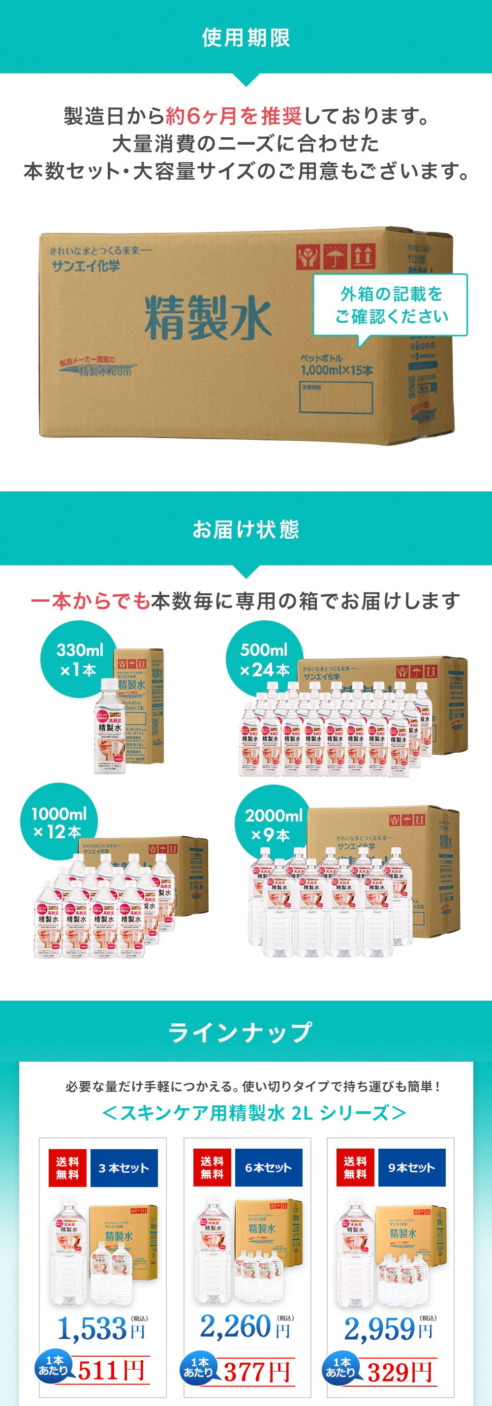 サンエイ化学 精製水 スキンケア用 精製水 2L×6本セット パック メイク プレ化粧水など | 【送料無料】 エステ ネイル ナノケア コットン  アロマスプレー グリセリン ペットボトル 高純度精製水 純水 蒸留水 イオン交換水 超純水 せいせいすい ピュアウォーター 日本製 ...