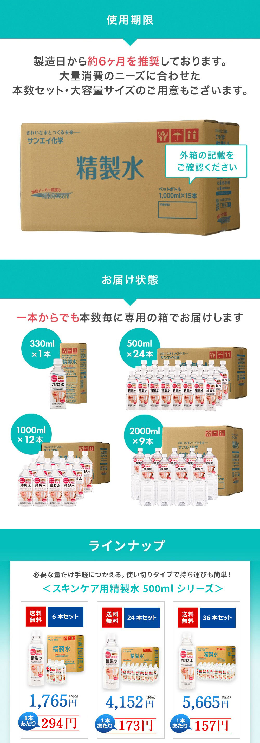 サンエイ化学 精製水 スキンケア用 精製水 500mL×6本セット