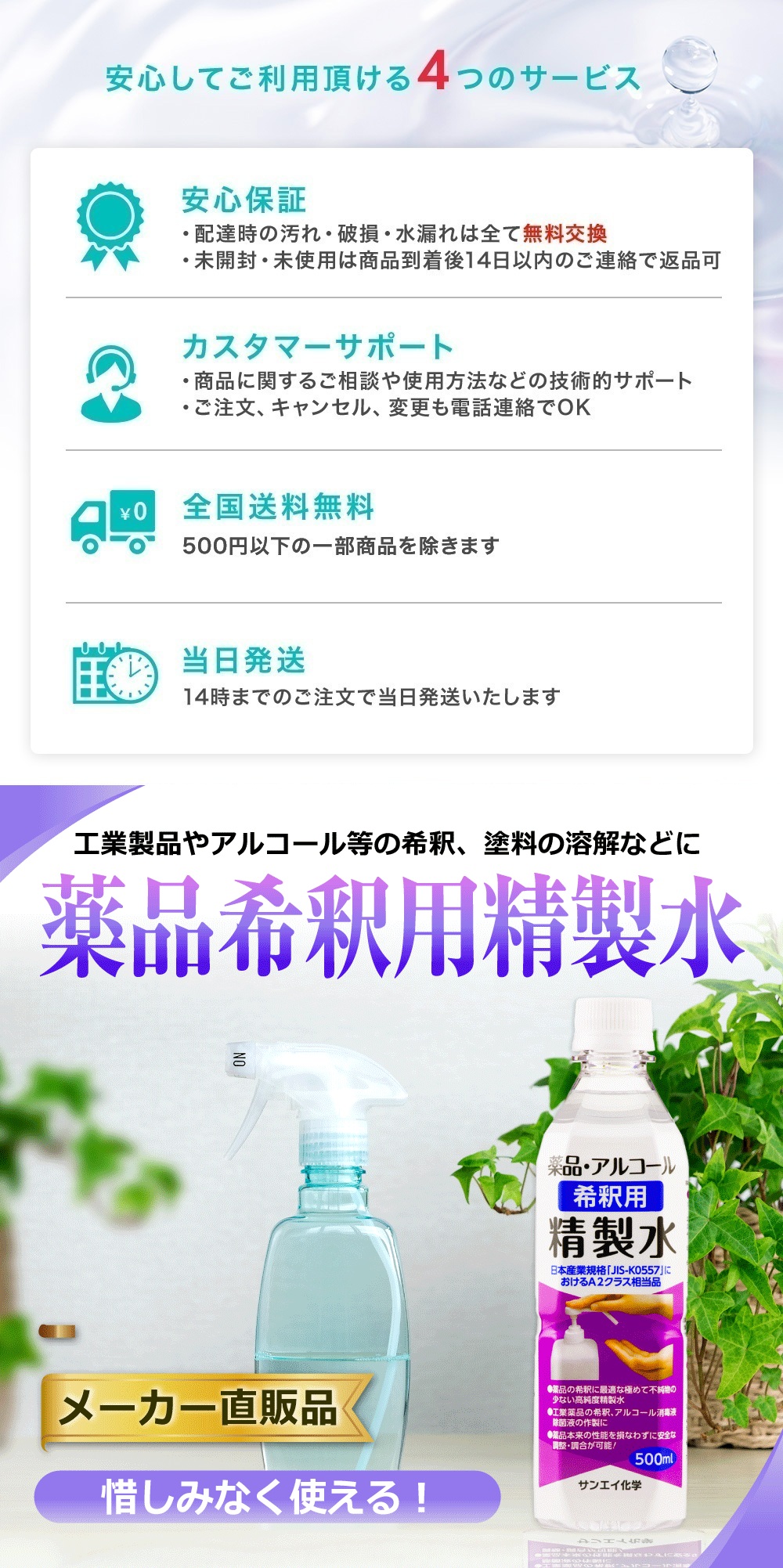 サンエイ化学 精製水 薬品・アルコール 希釈用 精製水 500mL×36本 