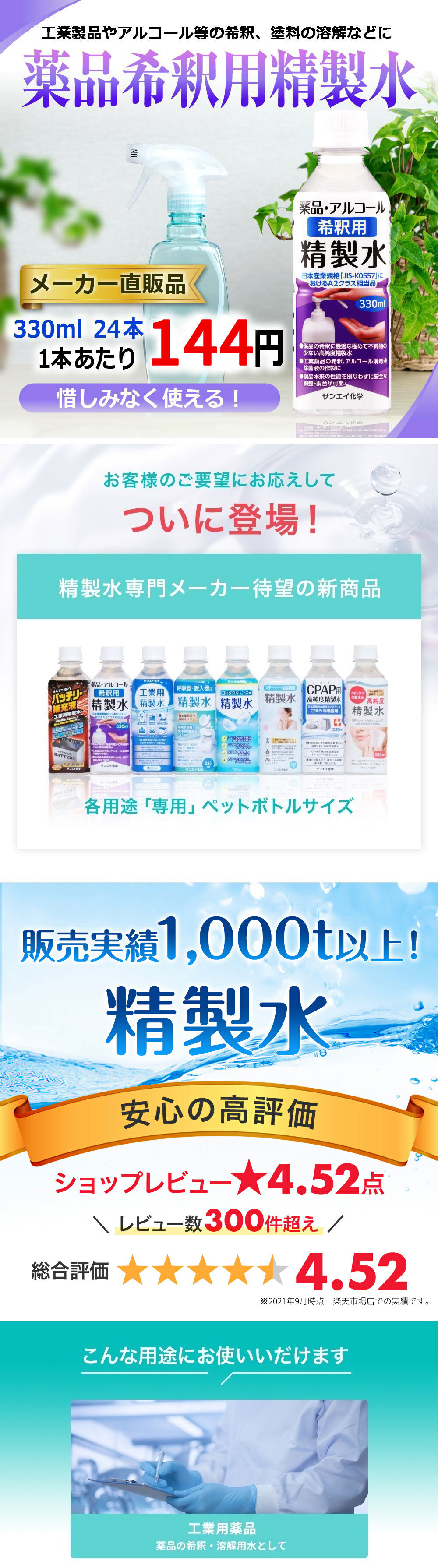 サンエイ化学 精製水 薬品・アルコール 希釈用 精製水 330mL×24